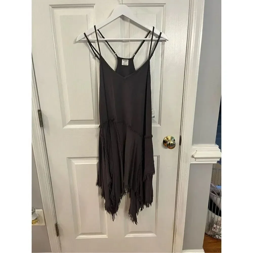 Intimately Free People Gray Tattered Up Fringe Hem Spaghetti Strap Boho Dress sz